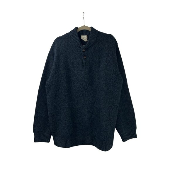 LL Bean Ragg Lambs’ Wool Sweater Men XLT Navy Blue Henley Neck Classic Fisherman - Picture 1 of 13